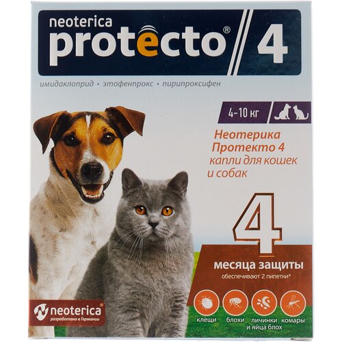 Neoterica раствор от блох и клещей Protecto 4 для собак, щенков, кошек, для домашних животных от 4 до 10 кг 2 шт. в уп., 1 уп.