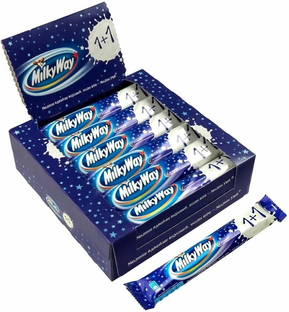 Шоколадный батончик Milky way 1+1, 18 шт. по 52 г