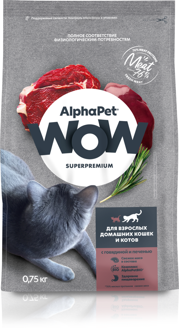 ALPHAPET WOW SUPERPREMIUM Сухой корм для взрослых домашних кошек с Говядиной и Печенью