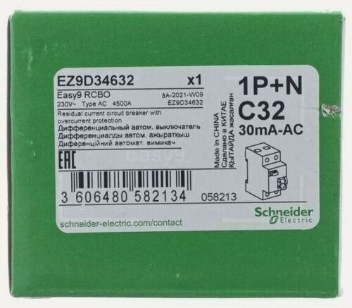Изображение товара Авт. выкл. диф. тока Schneider Electric Eazy 9 2Р С32А 30mA (Диф. автомат.)