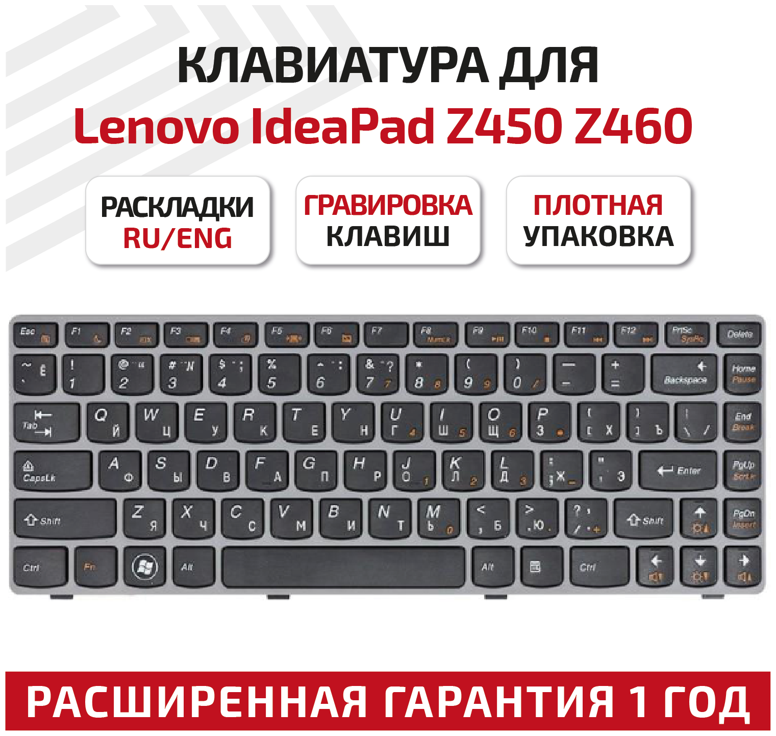 Клавиатура (keyboard) 25-010886 для ноутбука Lenovo IdeaPad Z450, Z460, Z460A, Z460G, черная с серой рамкой
