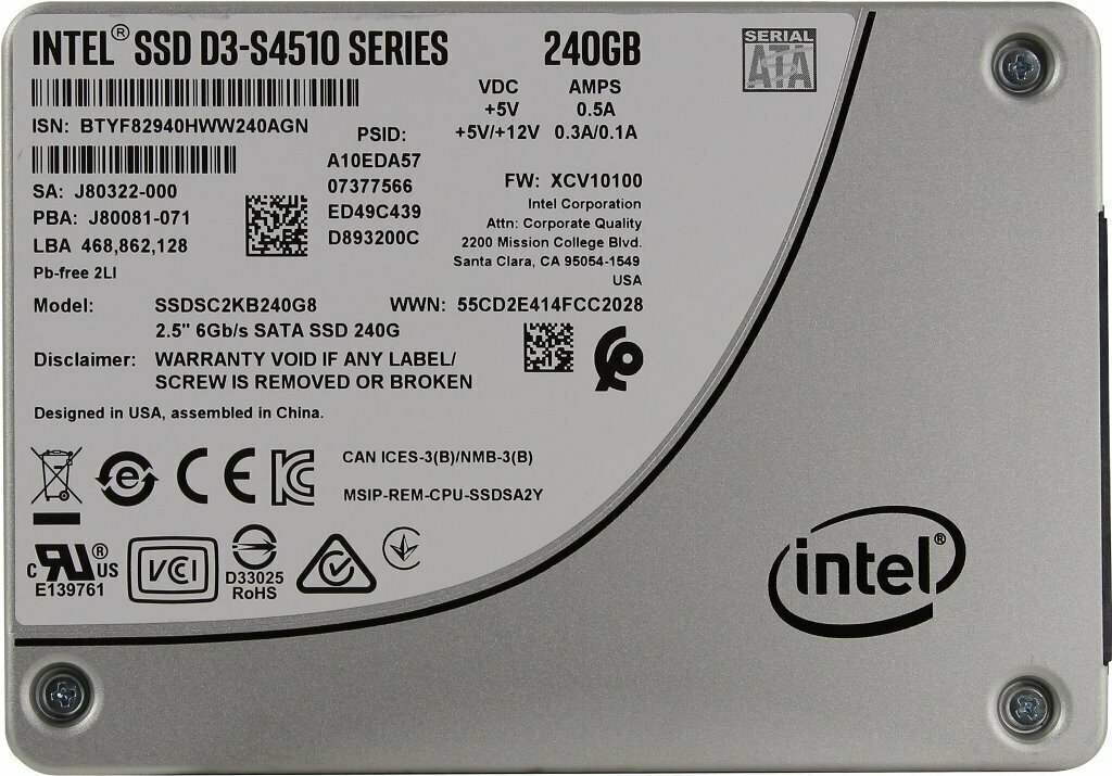 Накопитель SSD Intel SATA III 240Gb SSDSC2KB240G8 DC D3-S4510 2.5