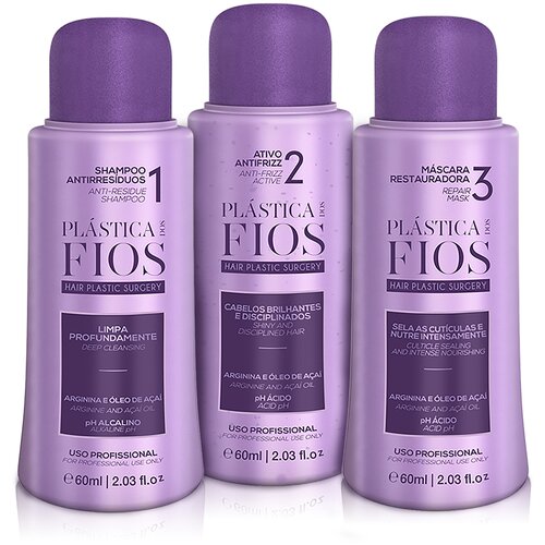 Cadiveu Plastica Dos Fios Набор для кератинового выпрямления волос Пластическая хирургия для волос: Anti Residue Shampoo, Anti Frizz Active, Repair Mask, 3*60 мл