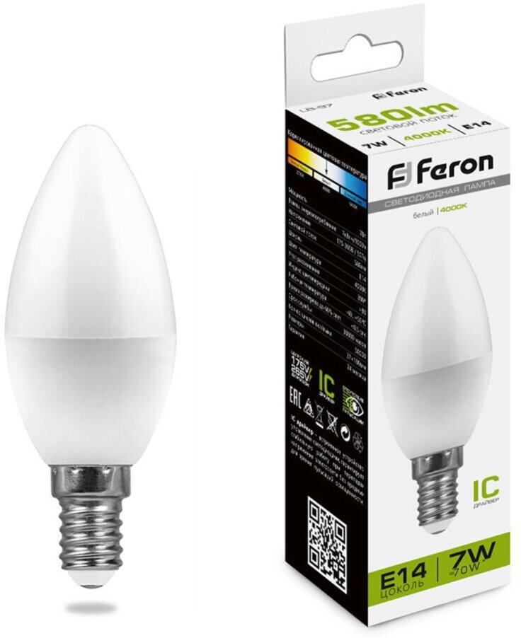 Лампа светодиодная Feron LB-97 Свеча E14 7W 175-265V 4000K 25476