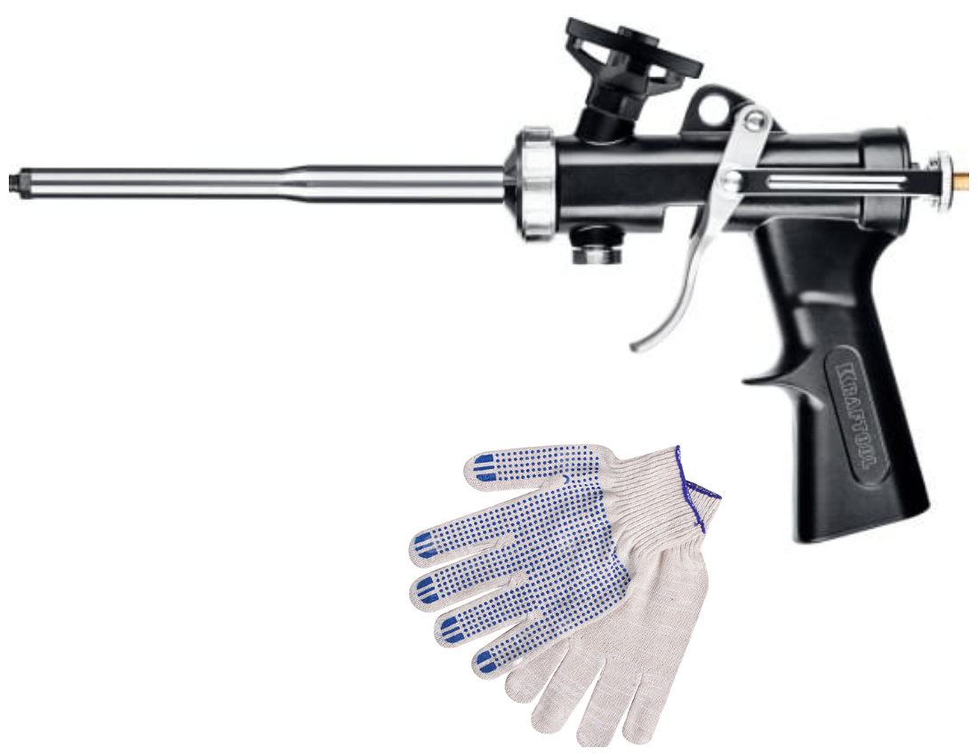 фото Цельнометаллический профессиональный пистолет для монтажной пены KRAFTOOL GRAND + рабочие перчатки