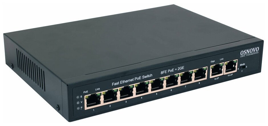 Коммутатор/ OSNOVO PoE коммутатор, 8 x FE с поддержкой PoE (IEEE 802.3af/at), 2 x GE, до 30W на порт, суммарно до 115W