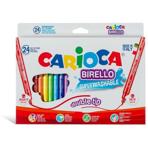 Фломастеры двусторонние 24 цвета Carioca Birello, 26/4,7 мм, смываемые, суперяркие, европодвес