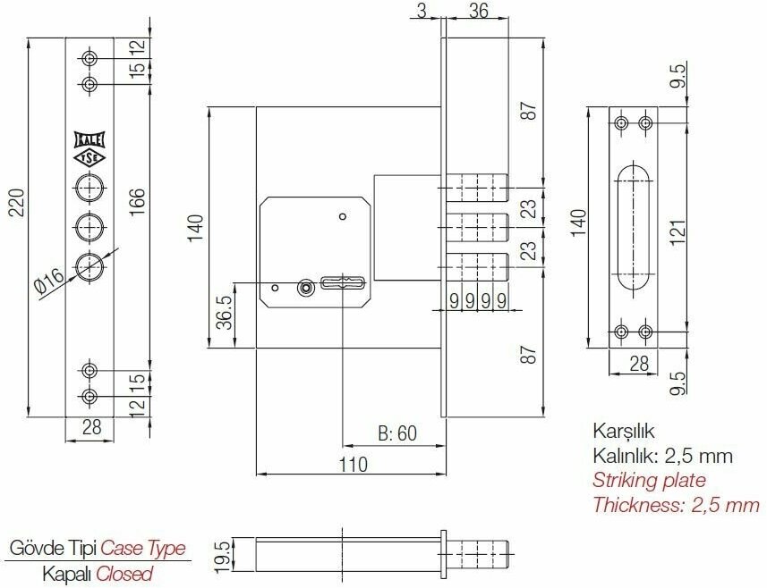 Замок Kale kilit (Кале килит) врезной сувальдный 257 L CR,28мм 5K-138 (тех. упаковка), 5 ключей