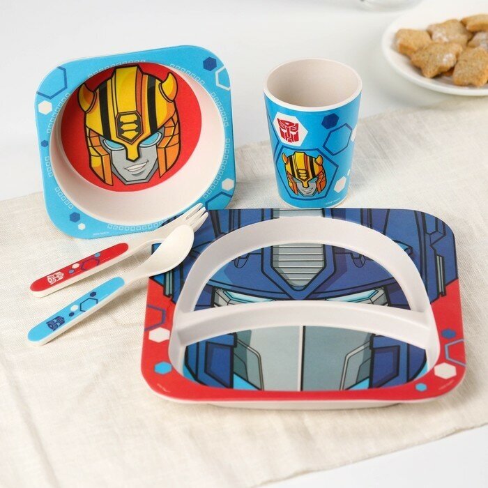 Hasbro Набор детской бамбуковой посуды, 5 предметов: тарелка, вилка, ложка, стакан, миска , Трансформеры