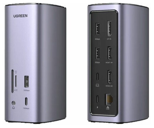 Хаб Мул UGREEN CM555 (90325) USB-C - 12 в одном (USB-A, HDMI 2-разъема, Display port -1шт, 100Вт Type-C, RJ45, audio 3.5, SD card) цвет серый космос