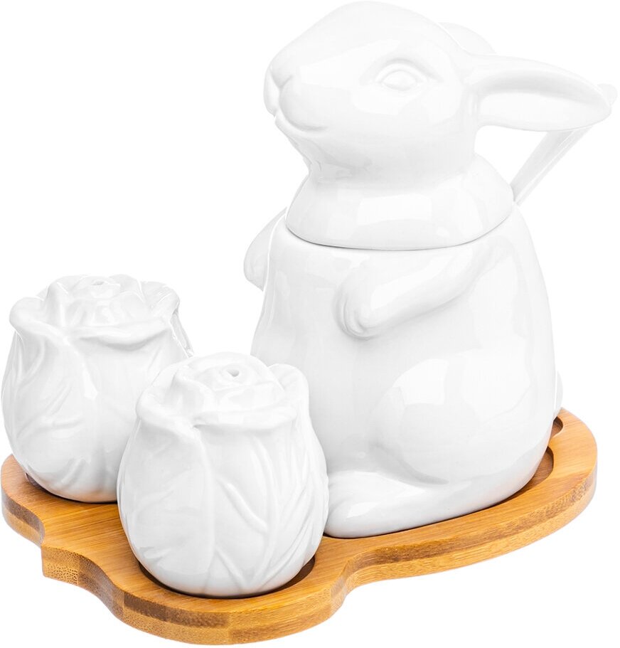 фото Набор - сахарница 200 мл 15,5х11,5х13 см Elan Gallery Заяц с капустой, с ложкой, с солонкой и перечницей на деревянной подствке