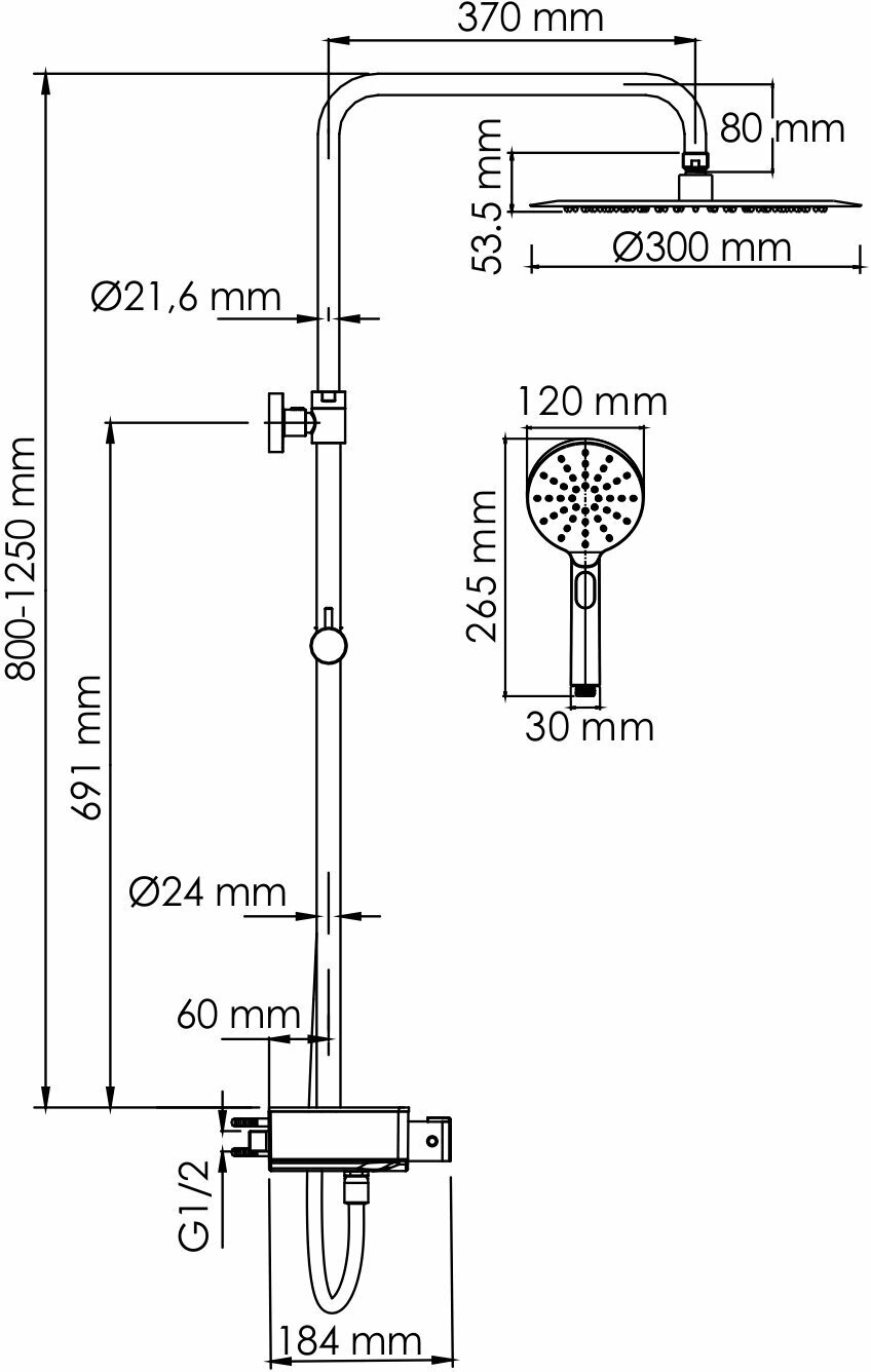 Душевая система для ванны WasserKRAFT (A113.116.127. CH Thermo) с термостатом