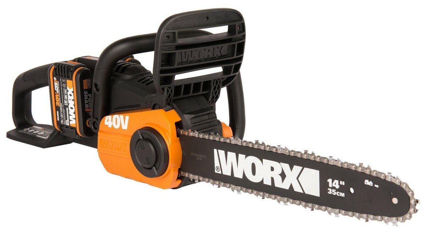 Цепная пила аккумуляторная Worx WG384E, бесщеточная, 35 см, 40 В, АКБ 2 x 2 А*ч, двойное ЗУ 2 x 2 A, коробка