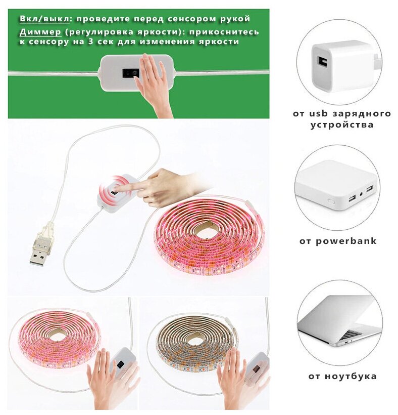 USB фитолента полного спектра светодиодная водозащищённая для растений с выключателем и диммером (2 метра 60 светодиодов/метр)