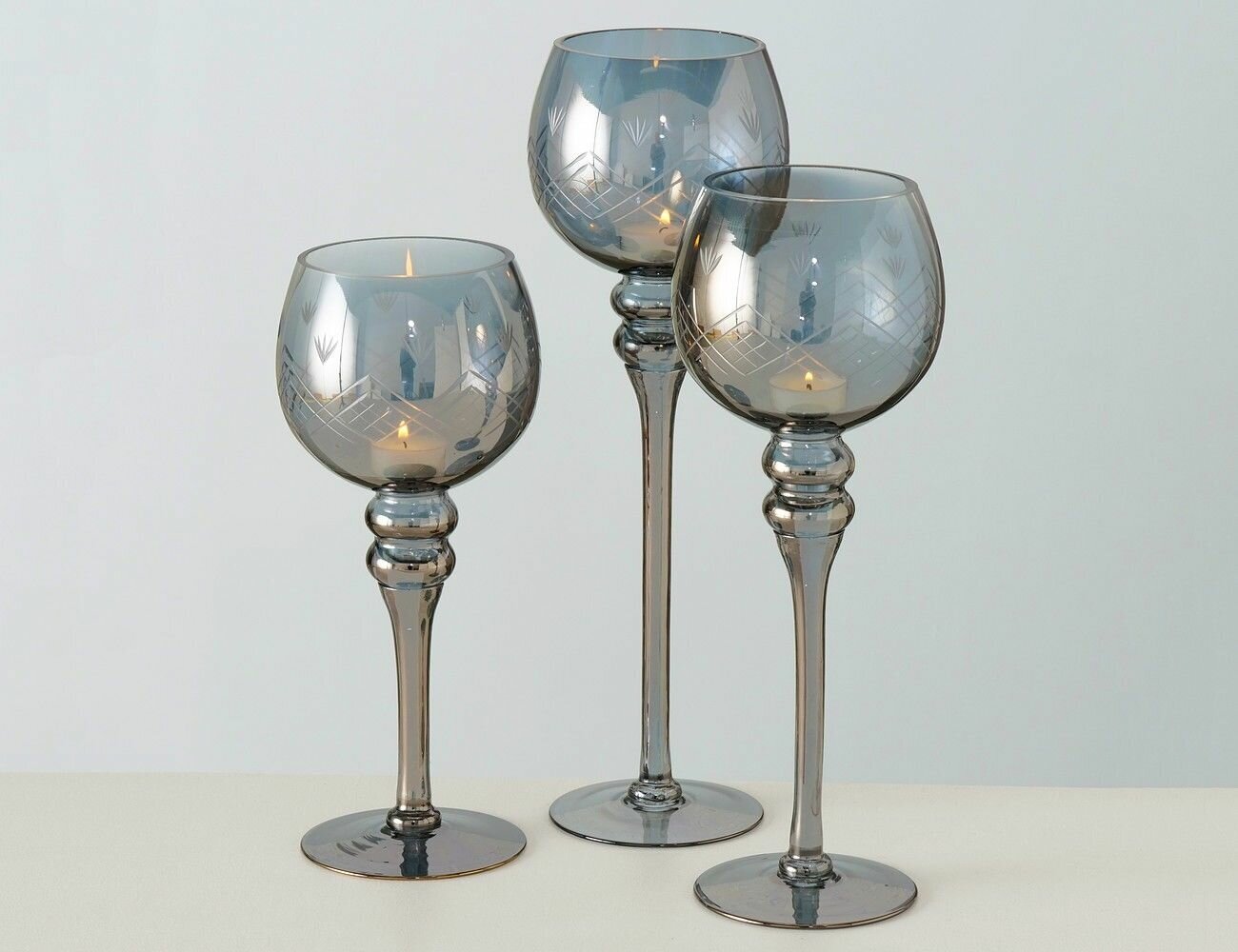 Подсвечники-бокалы под чайные свечи стекло, дымчатые, 30-40 см, набор - 3 шт, Boltze