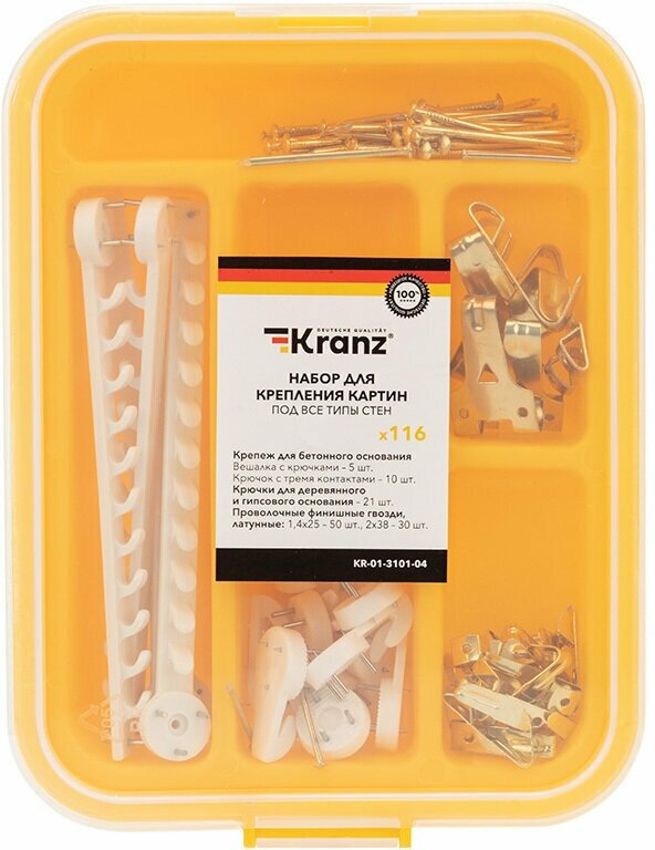 Набор крепежа Kranz для картин к любым поверхностям: крючки, вешалки, гвозди в кейсе, 116 шт