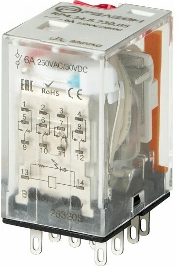 Промежуточное реле Релеон 4 перекидных контакта 6А, 230В AC, блок. кнопка проверки + светодиод, RP434823005