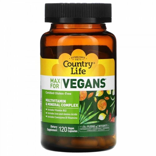 Комплекс мультивитаминов и минералов, Max for Vegans, Country Life, 120 растительных капсул