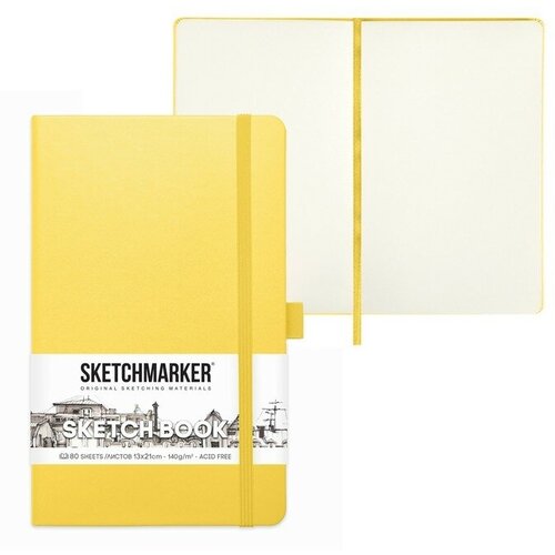 Скетчбук Sketchmarker, 130 х 210 мм, 80 листов, твёрдая обложка из искусственной кожи, лимонный, блок 140 г/м2