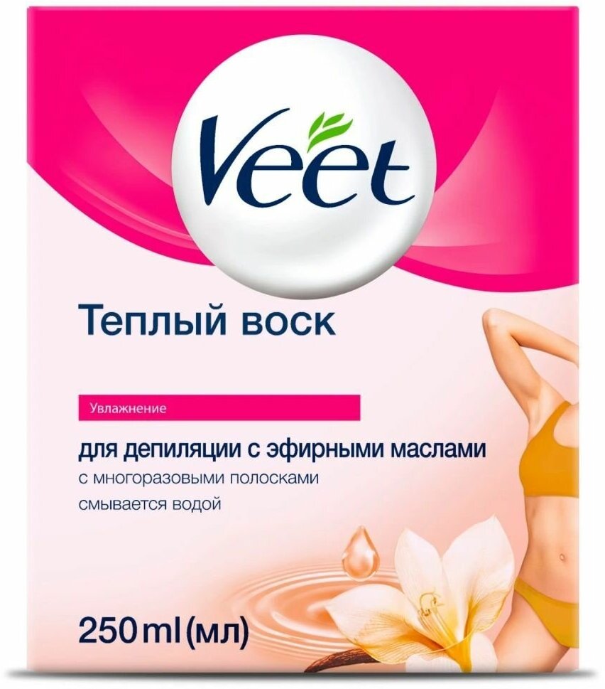 Veet / Вит Теплый воск для депиляции с эфирными маслами + лопатка и 12 многоразовых полосок, 250 мл