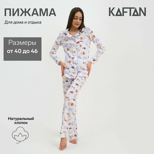 фото Пижама kaftan, рубашка, брюки, застежка пуговицы, длинный рукав, утепленная, размер 40-42, белый