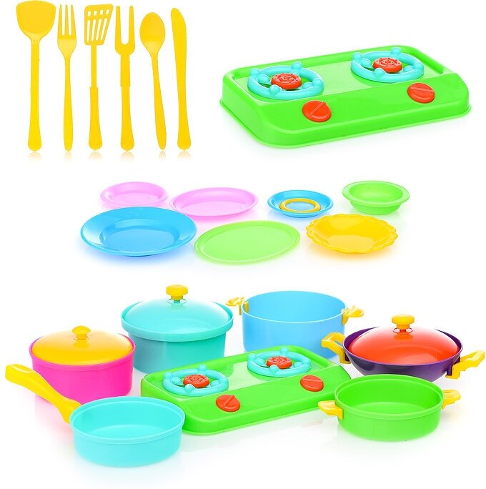Плита игрушечная детская с посудой / Варочная панель 13 х 8 х 1.5 см / Набор посуды с плитой №1 Юг-Пласт