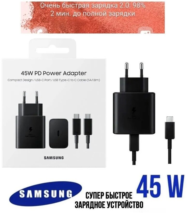 Блок питания 45W Сетевой Адаптер Super Fast USB-C 3.0 5W Черный