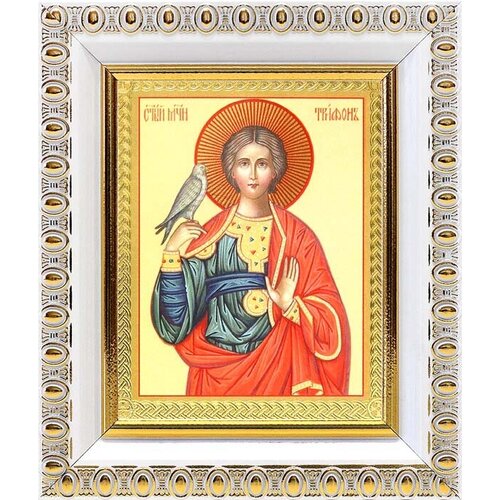 Мученик Трифон Апамейский (лик № 014), икона в белой пластиковой рамке 8,5*10 см
