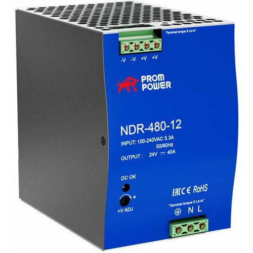 Источник питания Prompower NDR-480-12, на выходе 12 В DC, 40 А, 480 Вт. Входное 85-264 В AC (120-370 В DC)