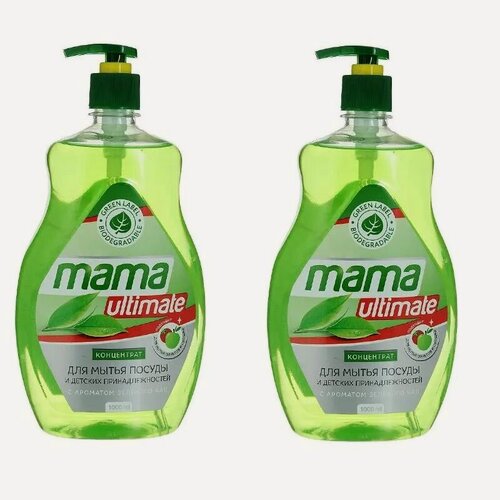 Изображение товара Mama Lemon Гель для посуды и детских принадлежносте Ultimate, концентрированный, зеленый чай, 1 л, 2 уп.