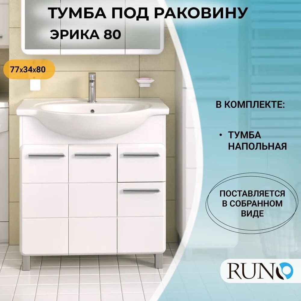 Тумба под раковину напольная Эрика 80, глянец, белая