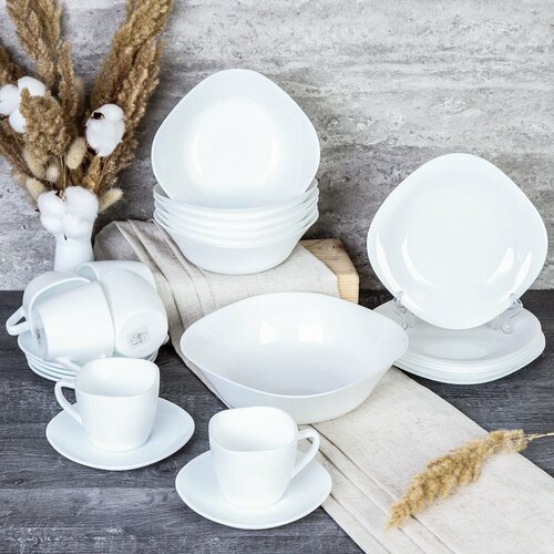 Столовый набор посуды Белоснежный квадратный 25 предметов, сервиз обеденный на 6 персон