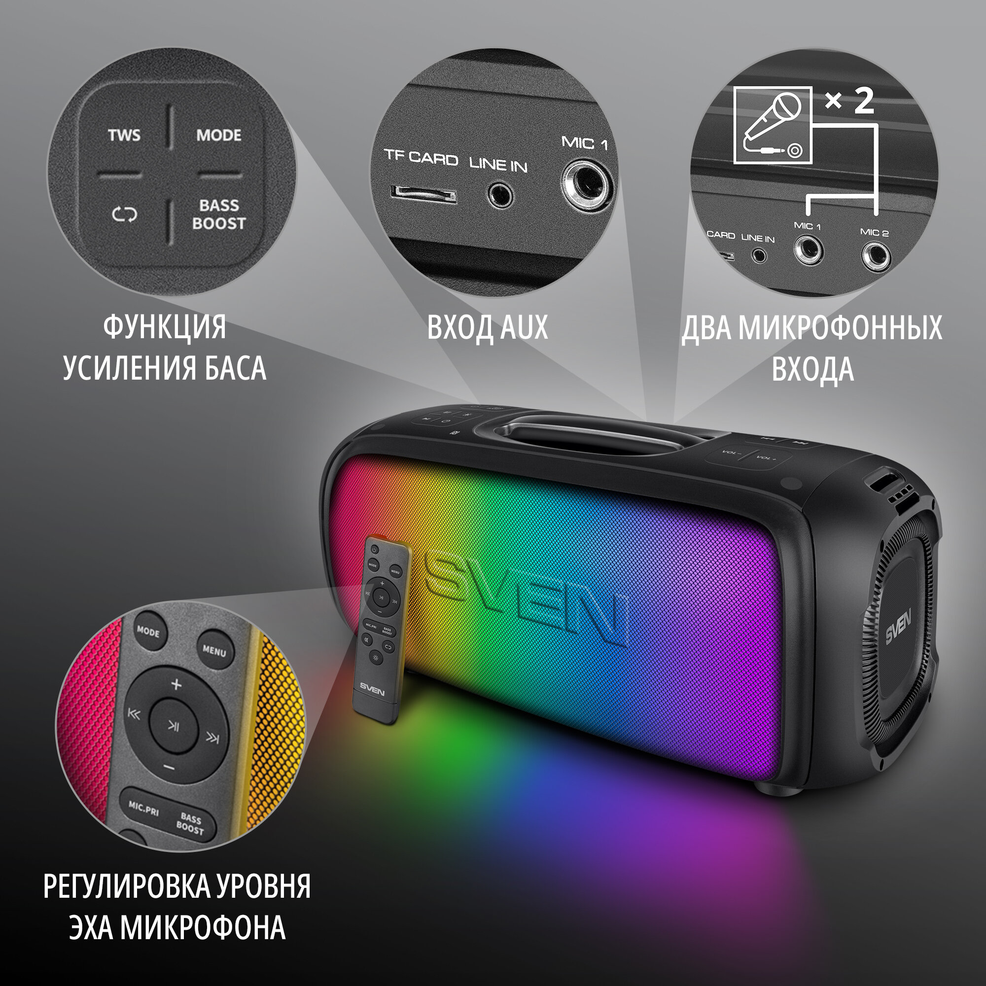 Беспроводная портативная Bluetooth колонка SVEN PS-860 / Музыкальная акустика со встроенным аккумулятором и RGB подсветкой (FM-радио, USB flash, microSD, TWS, пульт ДУ), 100 Вт, черная — фото 1