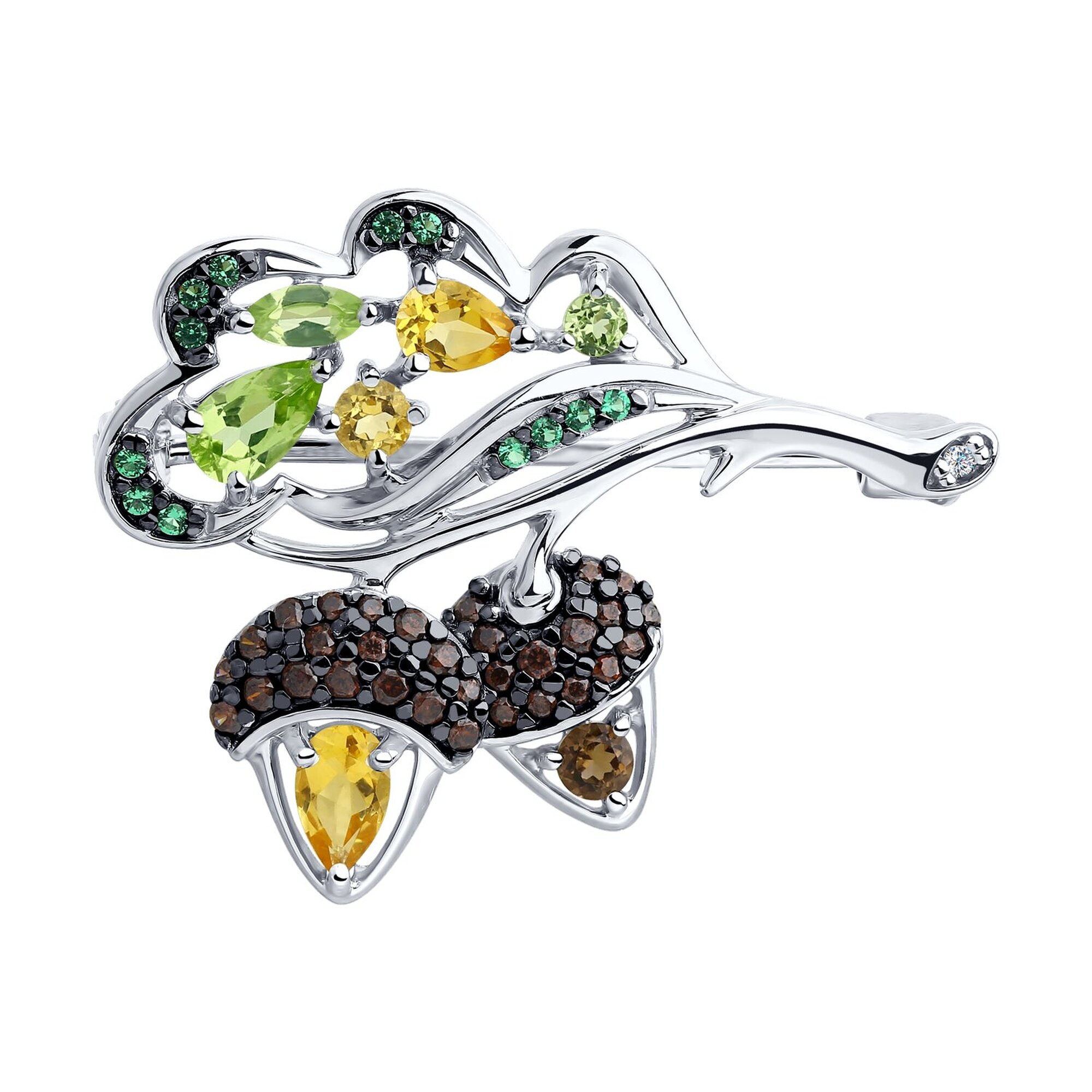 Брошь Diamant online, серебро, 925 проба, родирование, хризолит, фианит, цитрин, раухтопаз, размер 2.9 см., , мультиколор