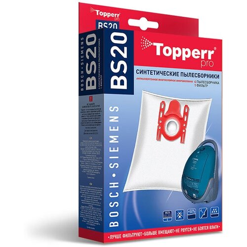 Пылесборники синтетические Topperr BS 20 4шт + 1 фильтр hepa фильтр topperr fbs6 для пылесосов bosch siemens