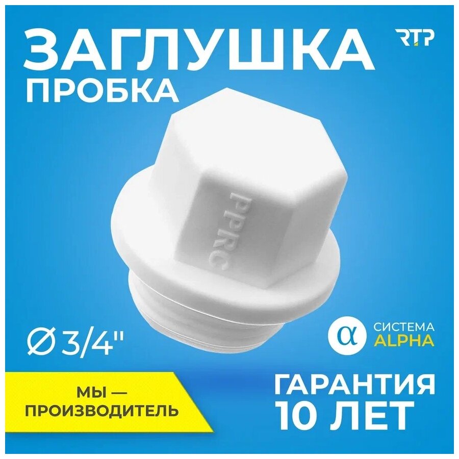 Заглушка (пробка) полипропилен, ППР, RTP, PN25, PP-R, с резьбой 3/4" - фотография № 2