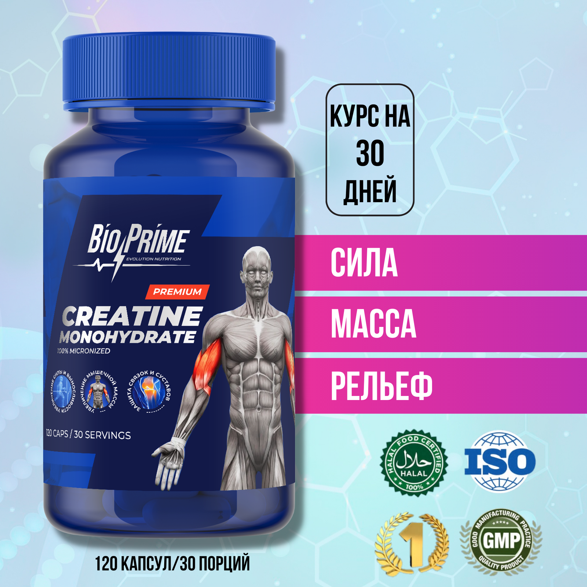 Креатин моногидрат Bio-Prime 120 капсул / Creatine Monohydrate, аминокислота / спортивное питание для набора массы и роста мышц.