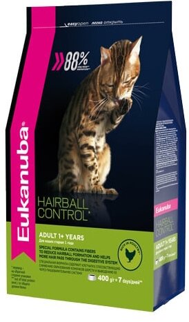 EUKANUBA ADULT HAIRBALL CONTROL/INDOOR для взрослых кошек для вывода шерсти с птицей (0,4 кг)