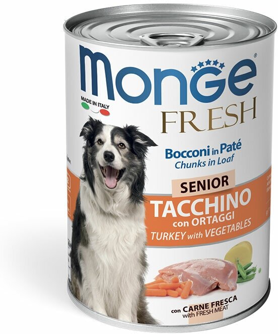 Влажный корм Monge Dog Fresh Chunks in Loaf для пожилых собак, мясной рулет из индейки с овощами, консервы 400 г