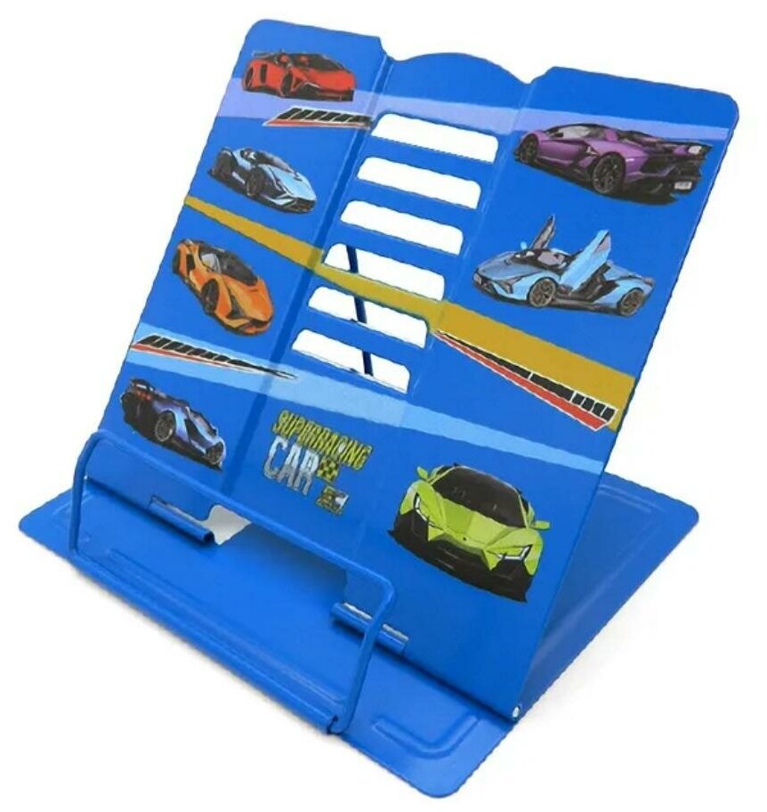 Подставка для книг CO-7000 "Супер гонки" металлическая 19х20см, синяя, с рисунком, в ПВХ-пакете (1/12/48) 321830