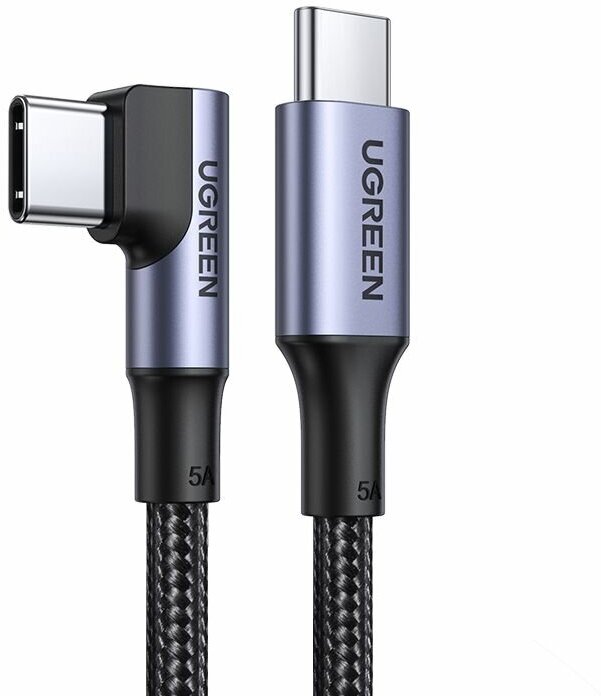 Кабель UGREEN US334 (70645) USB-C 2.0 to Angled USB-C M/M Braided Cable With Aluminium Shell. Длина: 2 м. Цвет: черный