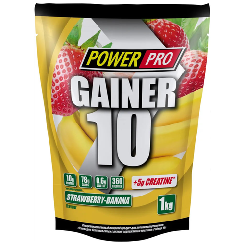 Гейнер Power Pro Gainer 10, 1000 г, фуктово-ягодный углеводно белковая смесь power pro gainer 10 1000 г