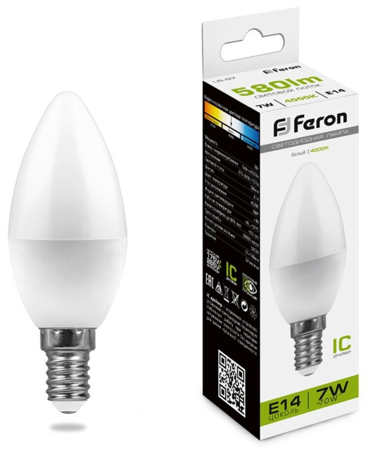 Светодиодная LED лампа свеча Feron E14 (е14) 7W(Вт) 4000K 560lm 220V LB-97 25476