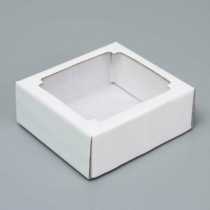 Коробка сборная без печати крышка-дно белая с окном 14,5 х 14,5 х 6 см - фотография № 1