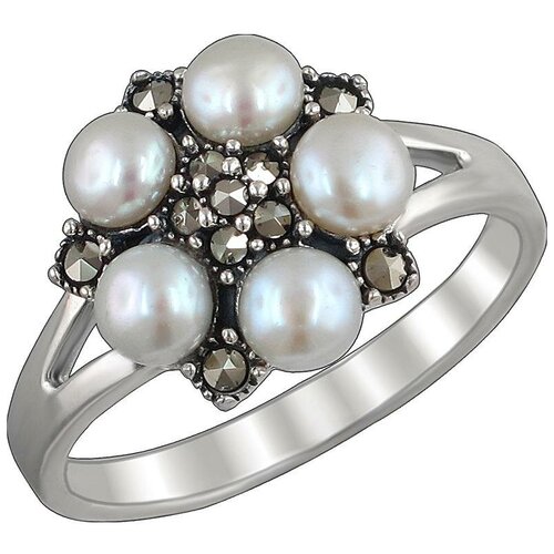 фото Эстет кольцо с жемчугом и марказитами из чернёного серебра с26к351248ч, размер 18