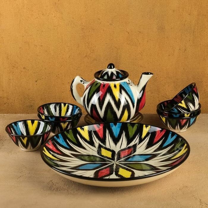 Шафран Набор чайный Риштанская керамика "Атлас №3", 9 предметов (чайник 0,8л, пиалы 0,2л)