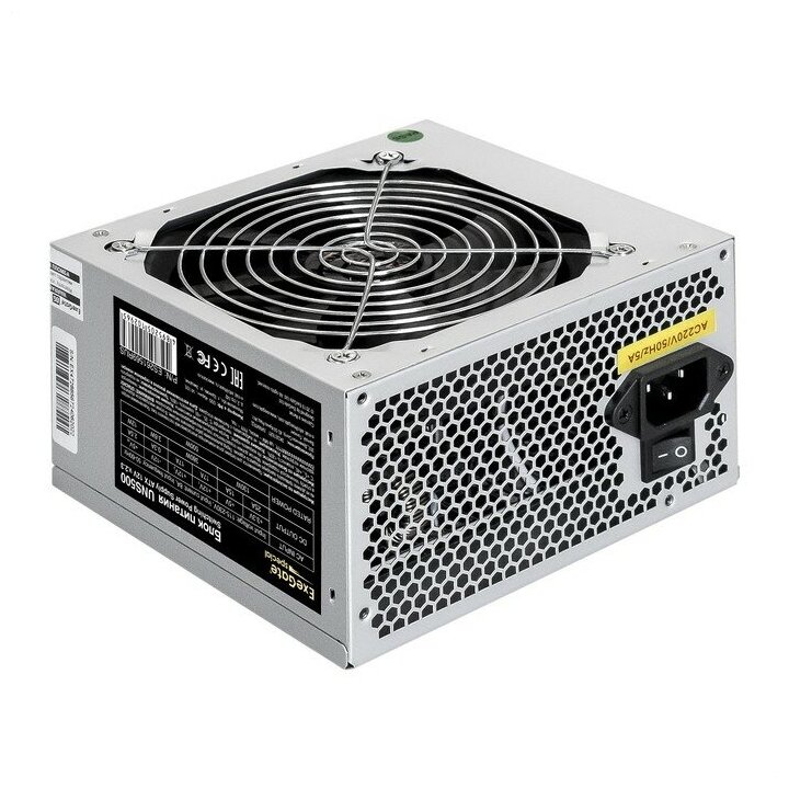 EXEGATE Блок питания ES261569RUS-PC Блок питания 500W UNS500 ATX, PC, 12cm fan, 24pin, 4pin, PCIe, 3xSATA, 2xIDE, кабель 220V в комплекте