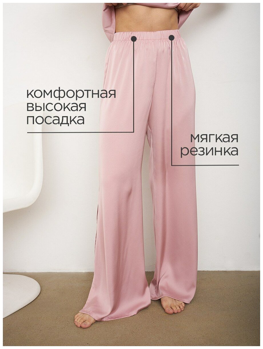 Пижама женская шелковая с брюками и топом больших размеров розовая - фотография № 5