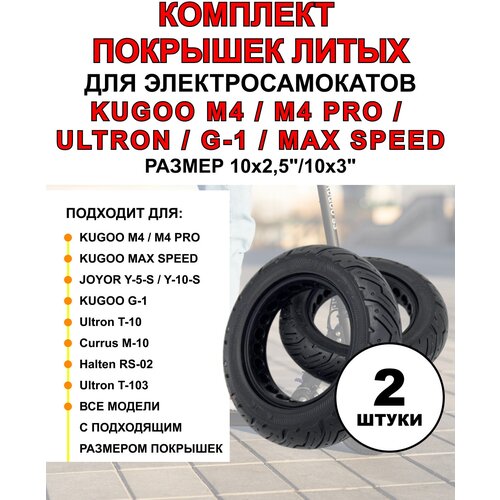 Комплект 1+1. Покрышка литая для электросамоката Kugoo M4 / M4 Pro, Maxspeed 10х2.5 дюймов, 80/65-6, 255х80 - 2 шт покрышка камера для kugoo m4 pro