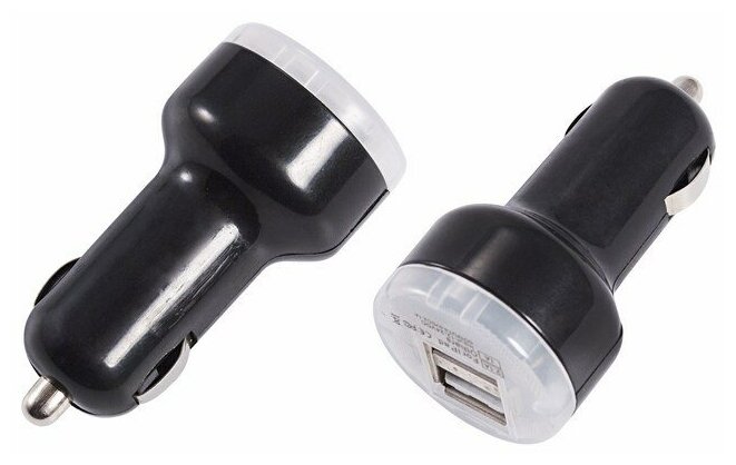 Автозарядка в прикуриватель с двумя портами USB (5 V, 1000 + 2100 mA) с индикацией, цвет: Черный